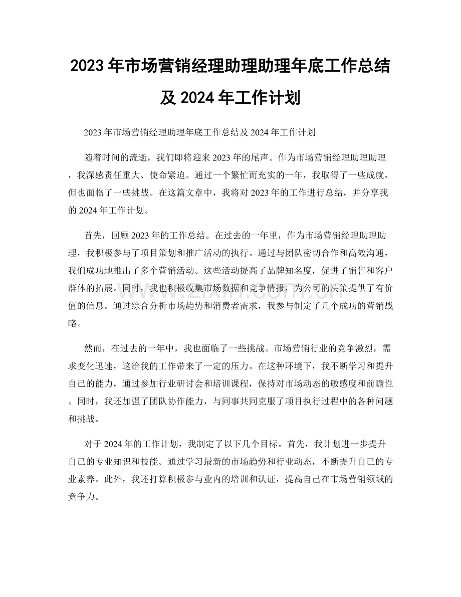 2023年市场营销经理助理助理年底工作总结及2024年工作计划.docx_第1页