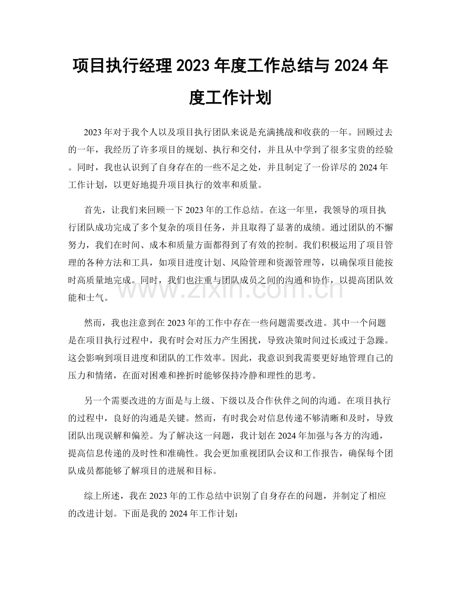 项目执行经理2023年度工作总结与2024年度工作计划.docx_第1页