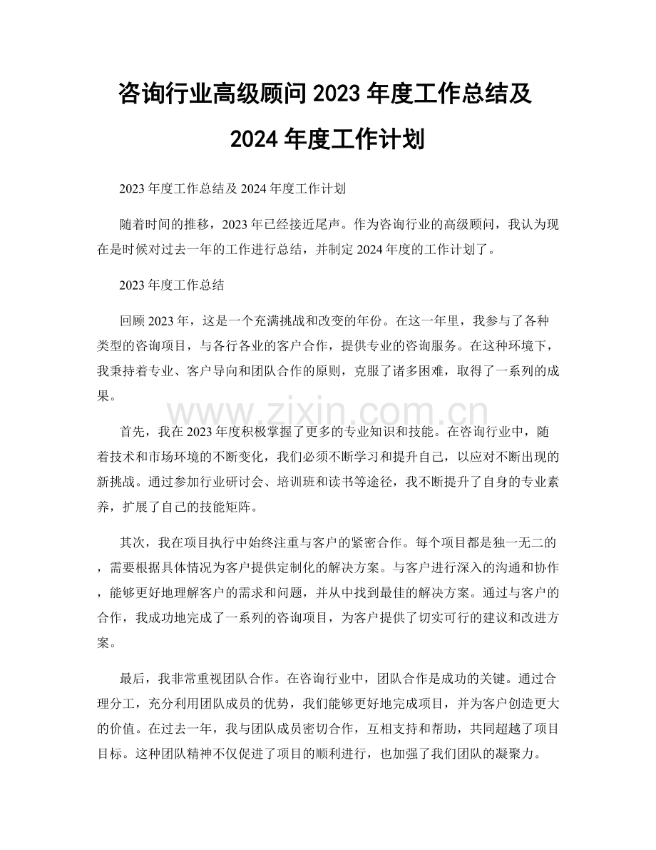 咨询行业高级顾问2023年度工作总结及2024年度工作计划.docx_第1页