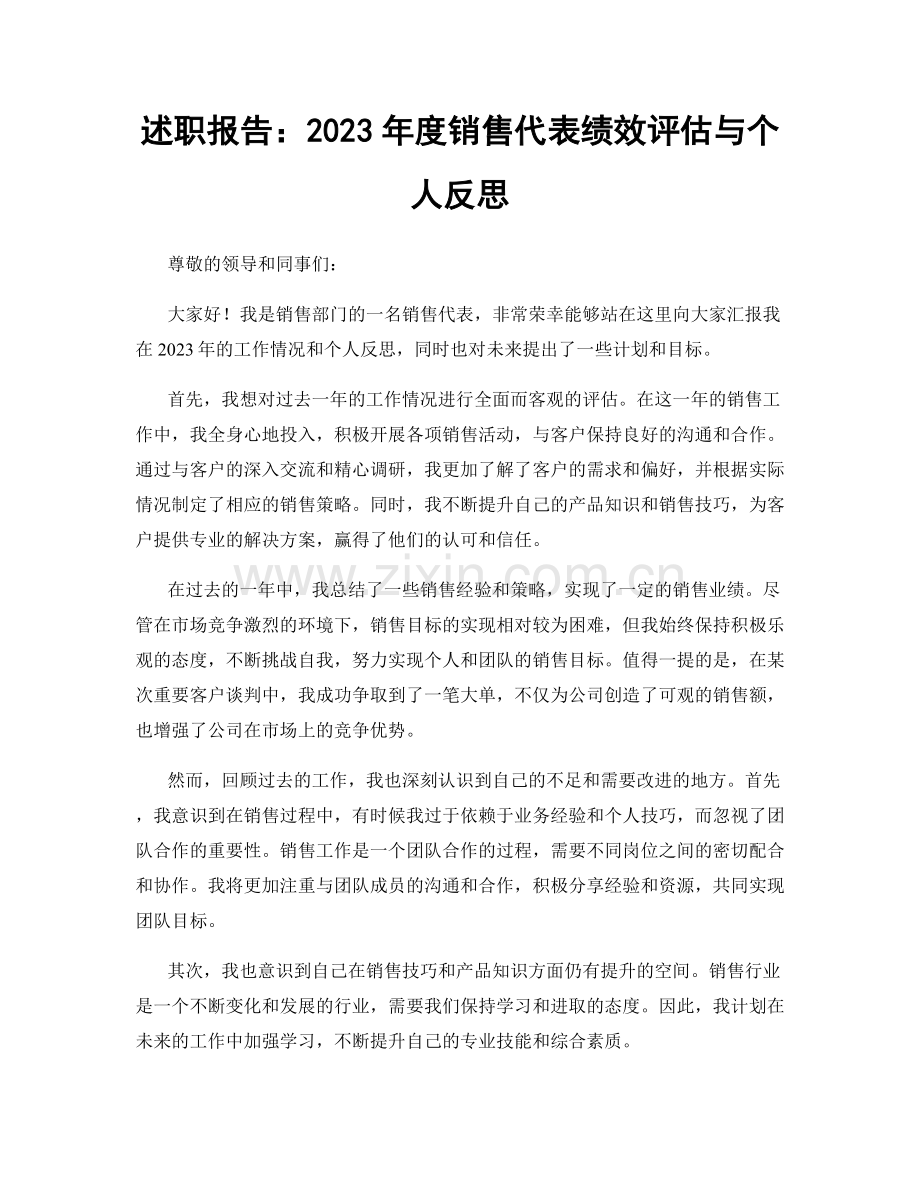 述职报告：2023年度销售代表绩效评估与个人反思.docx_第1页