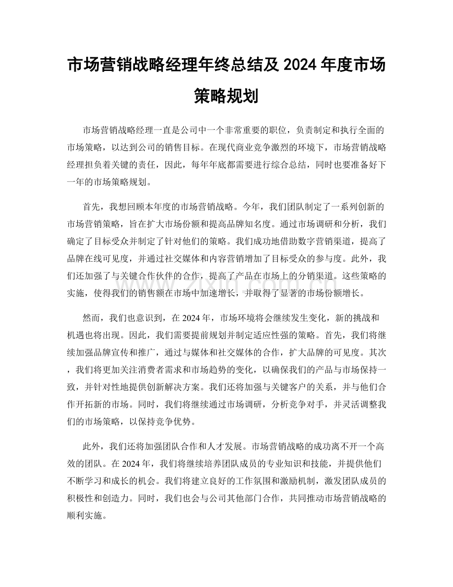 市场营销战略经理年终总结及2024年度市场策略规划.docx_第1页