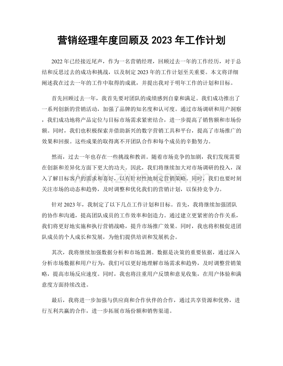 营销经理年度回顾及2023年工作计划.docx_第1页