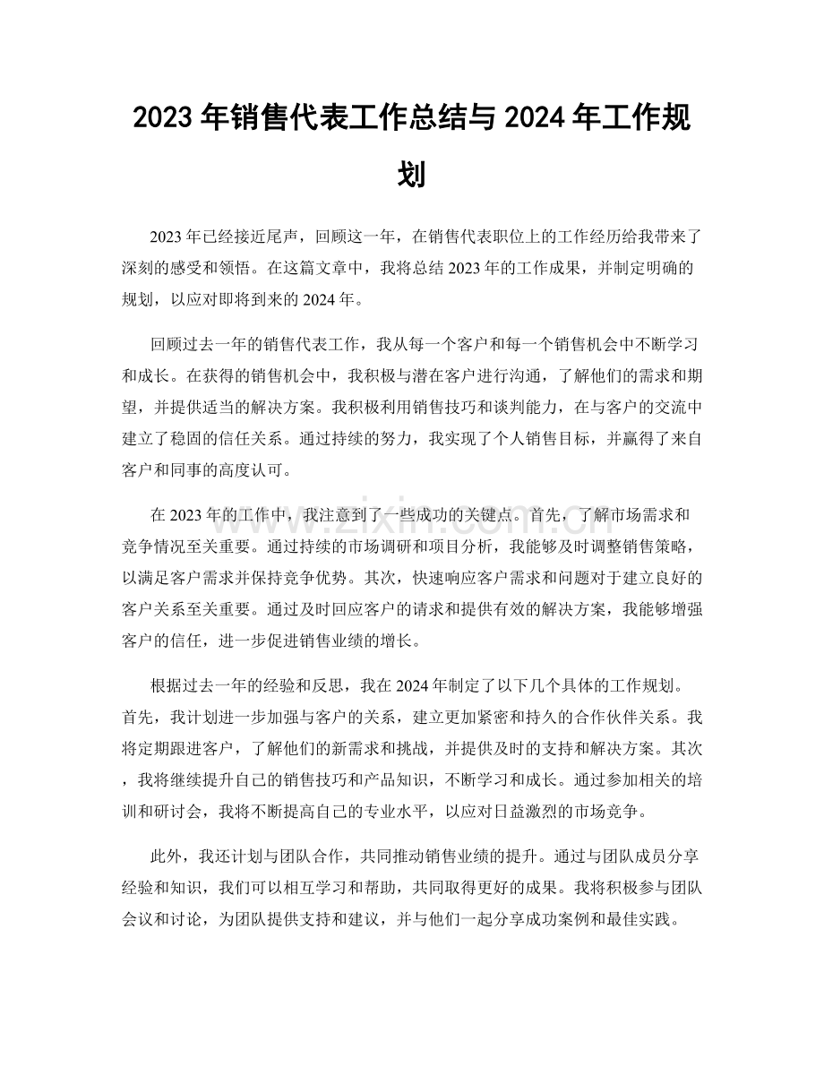 2023年销售代表工作总结与2024年工作规划.docx_第1页