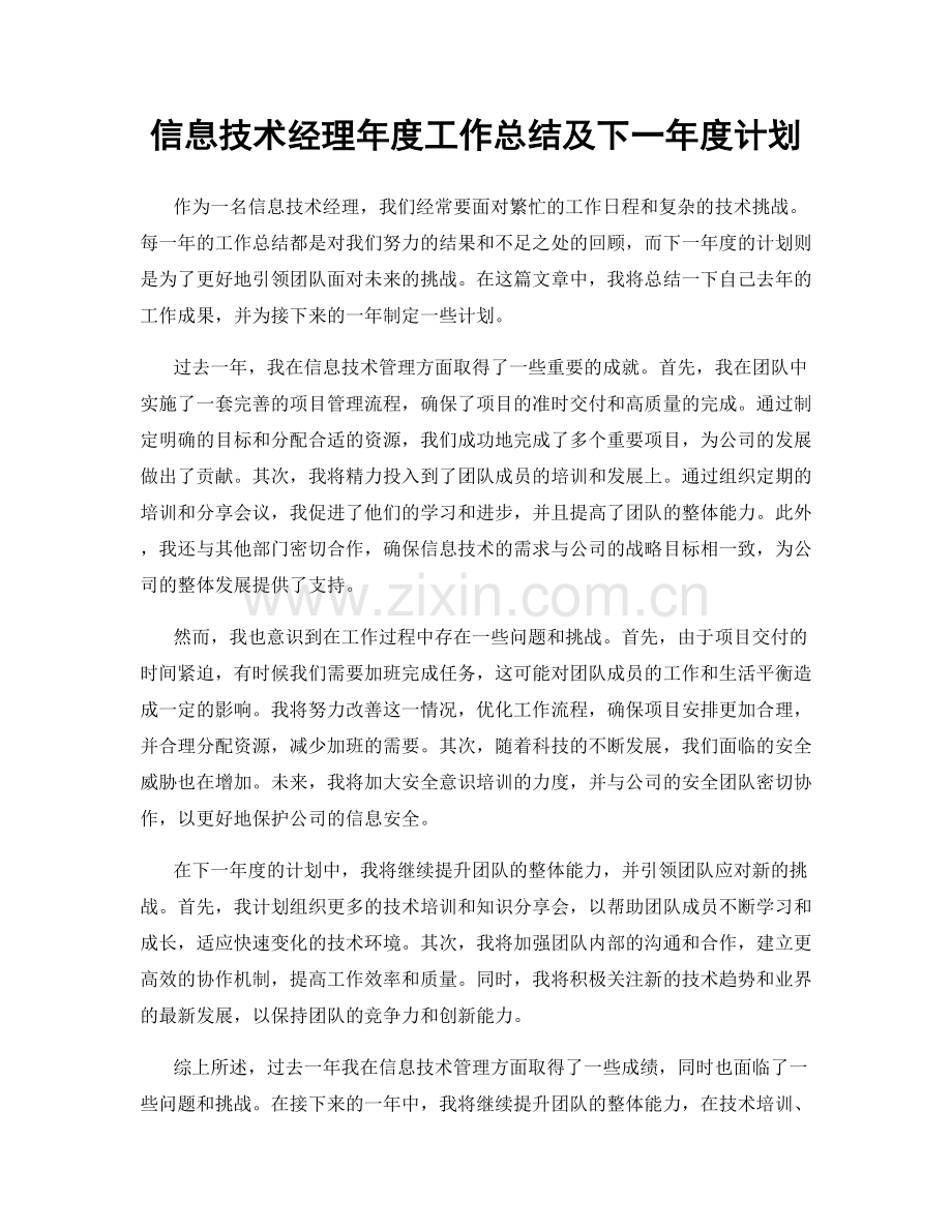 信息技术经理年度工作总结及下一年度计划.docx_第1页