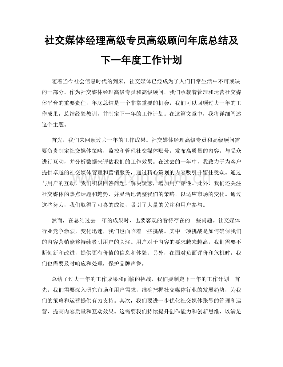 社交媒体经理高级专员高级顾问年底总结及下一年度工作计划.docx_第1页