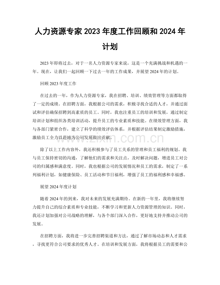 人力资源专家2023年度工作回顾和2024年计划.docx_第1页