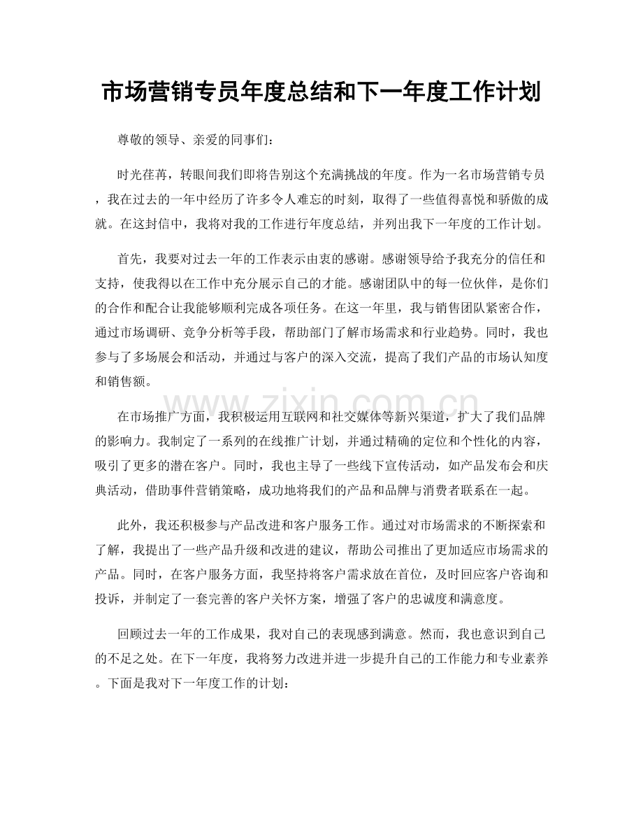 市场营销专员年度总结和下一年度工作计划.docx_第1页