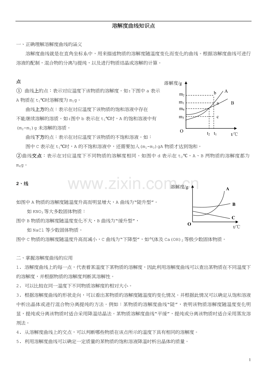 初三化学溶解度曲线知识点及习题.doc_第1页