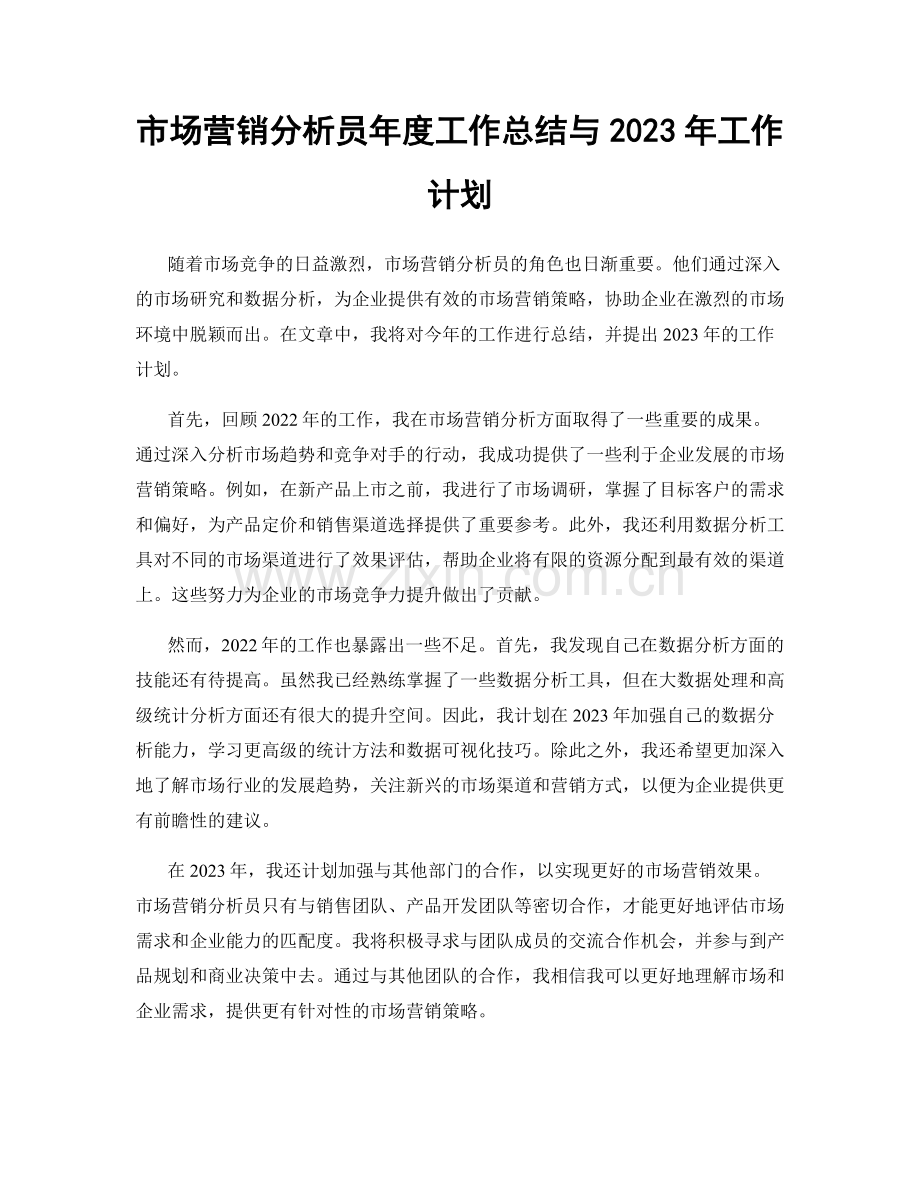 市场营销分析员年度工作总结与2023年工作计划.docx_第1页