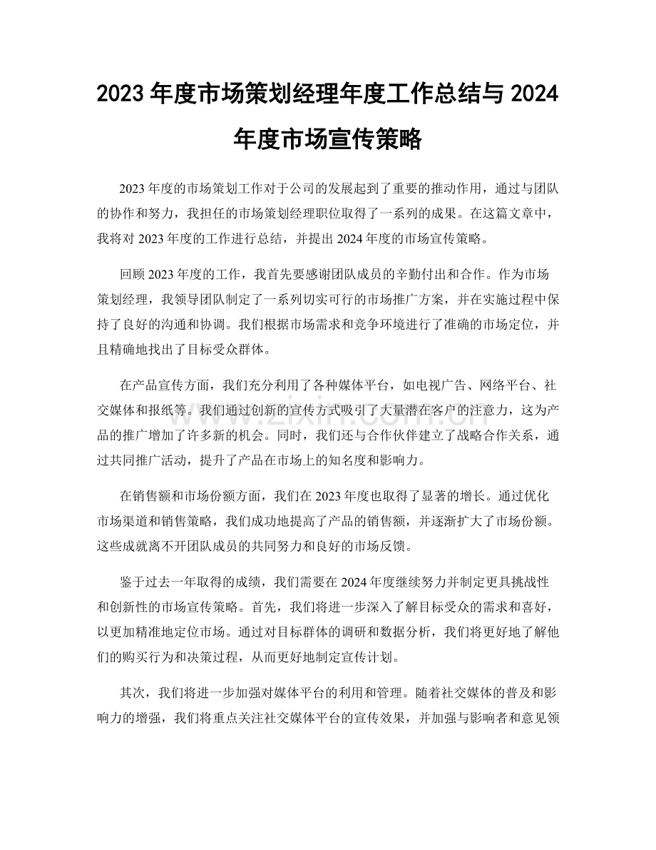 2023年度市场策划经理年度工作总结与2024年度市场宣传策略.docx_第1页