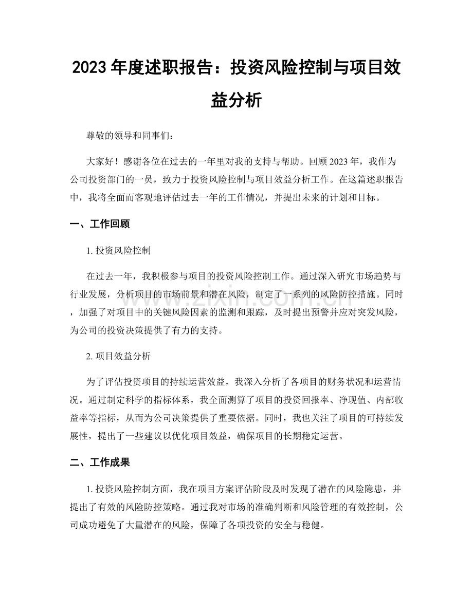 2023年度述职报告：投资风险控制与项目效益分析.docx_第1页