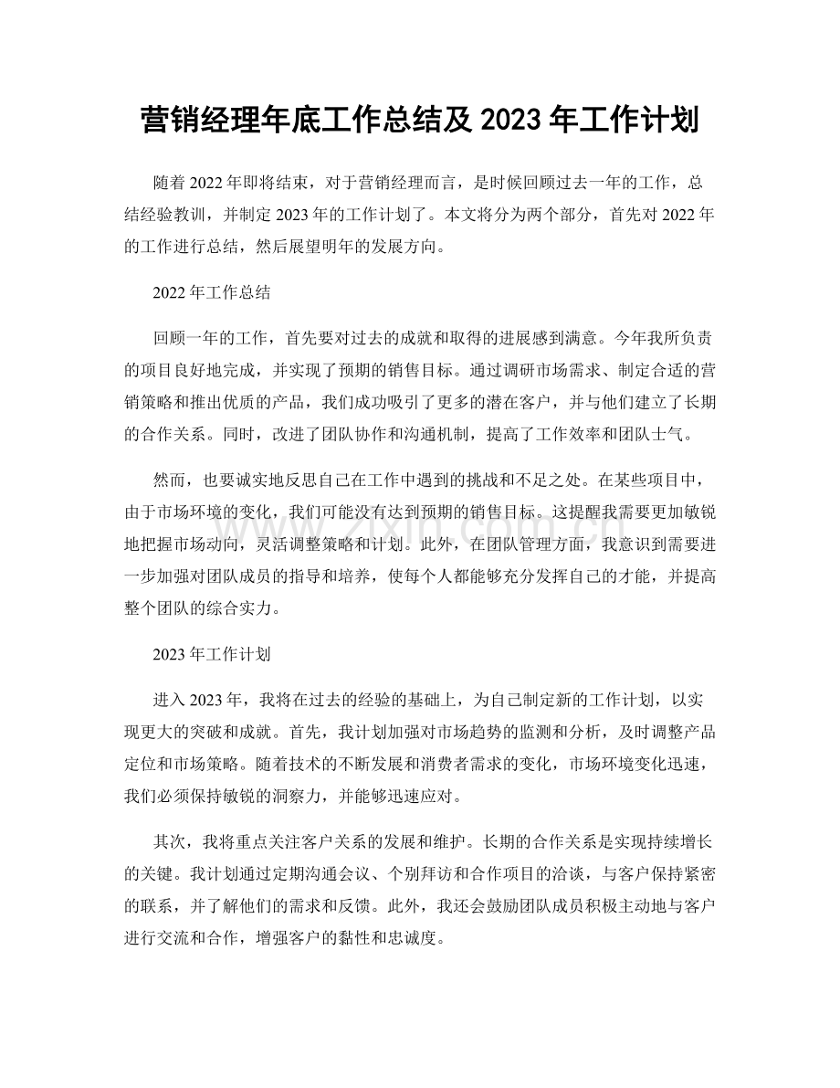 营销经理年底工作总结及2023年工作计划.docx_第1页