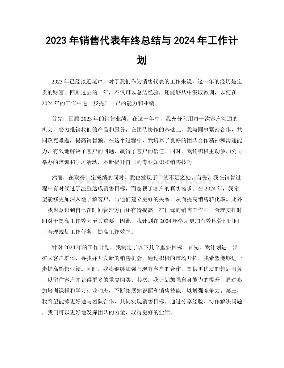 2023年销售代表年终总结与2024年工作计划.docx_第1页