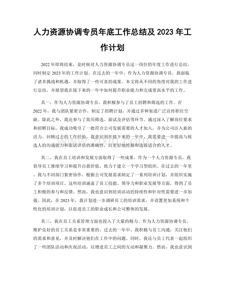 人力资源协调专员年底工作总结及2023年工作计划.docx_第1页