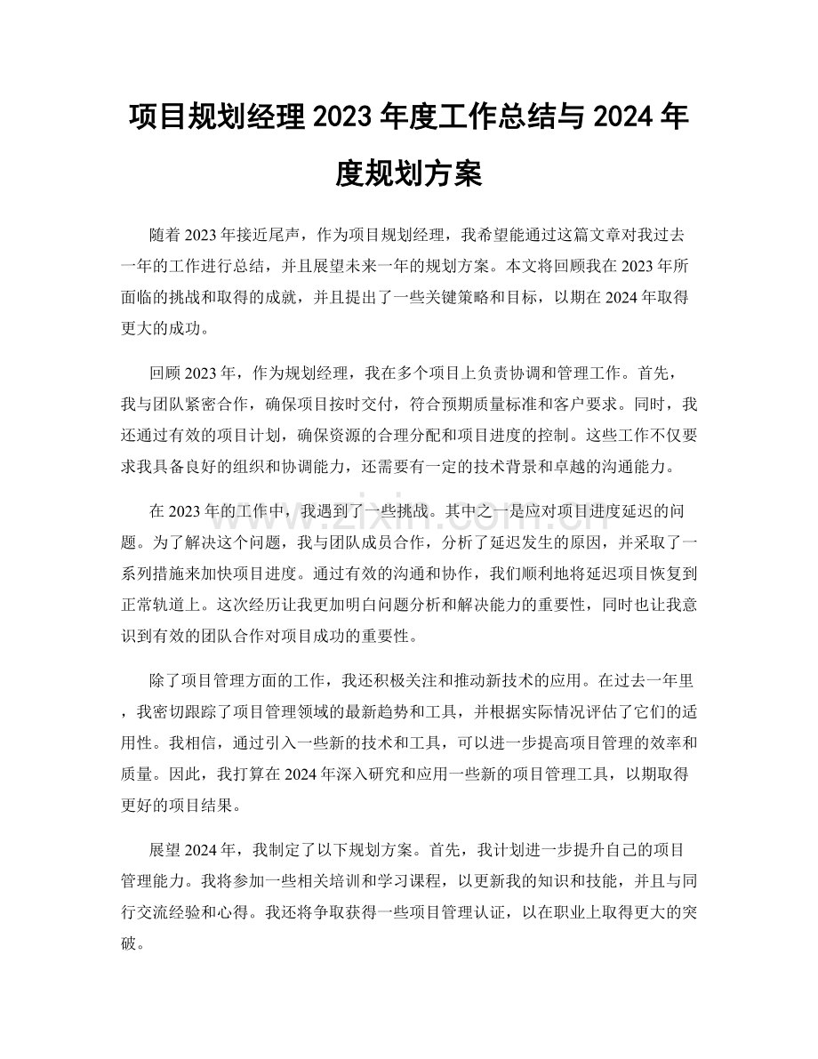 项目规划经理2023年度工作总结与2024年度规划方案.docx_第1页