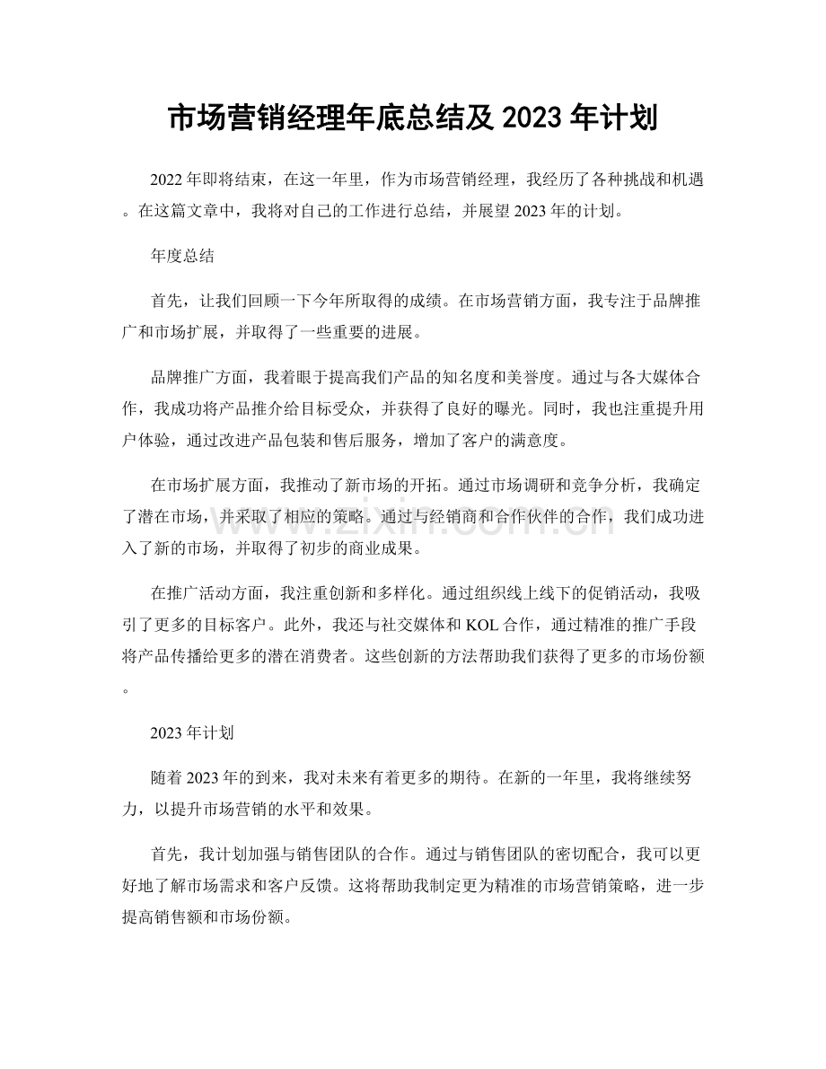 市场营销经理年底总结及2023年计划.docx_第1页