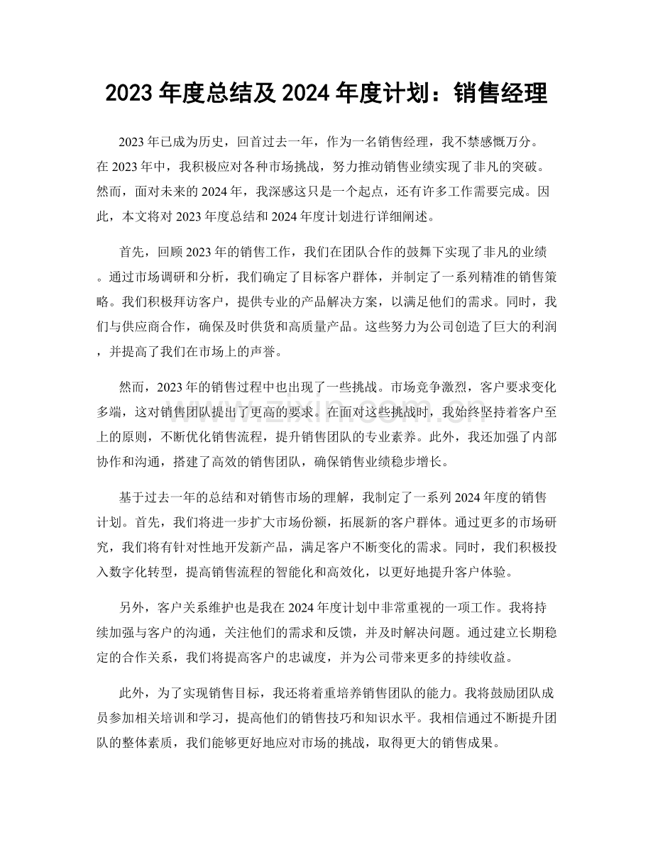 2023年度总结及2024年度计划：销售经理.docx_第1页