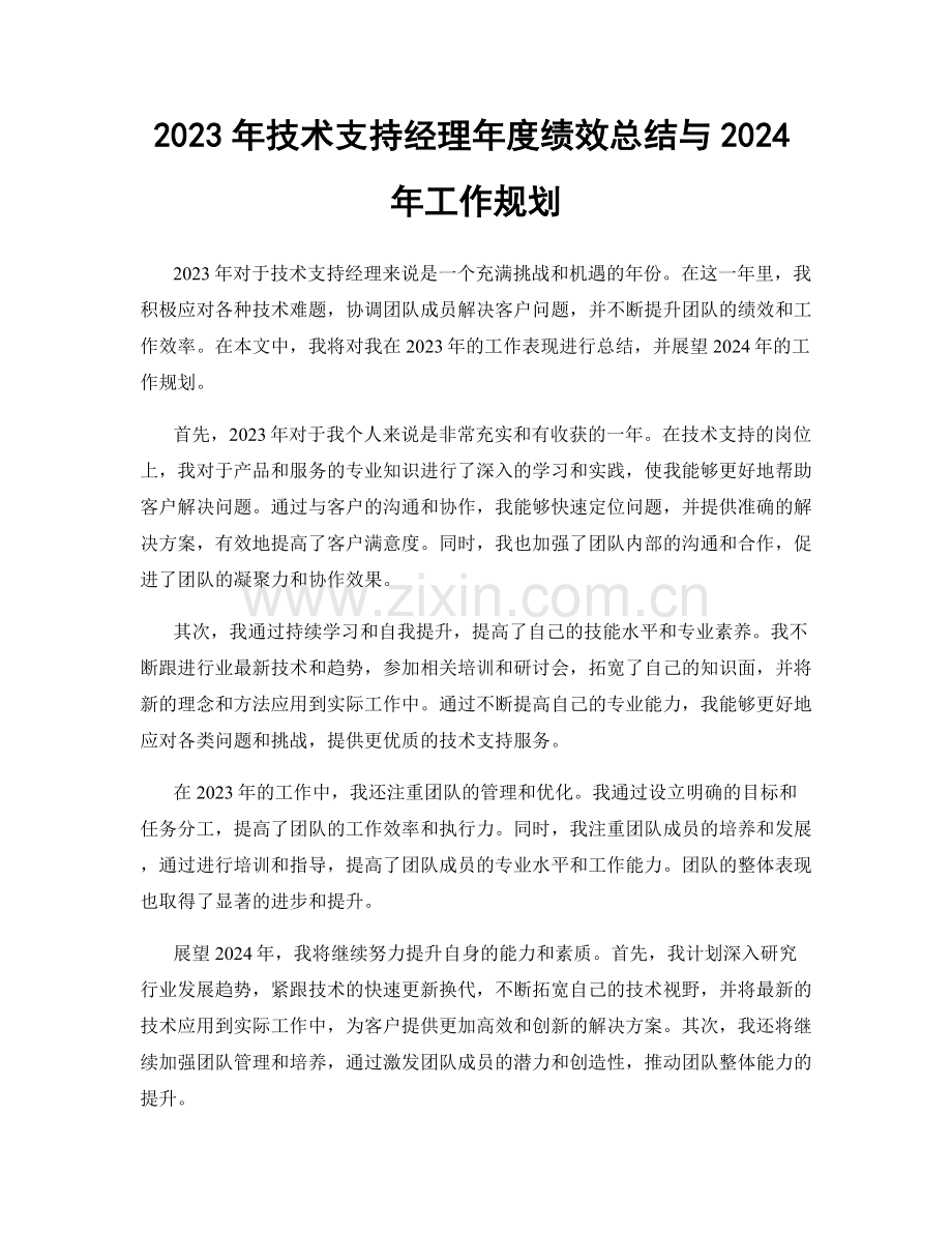 2023年技术支持经理年度绩效总结与2024年工作规划.docx_第1页