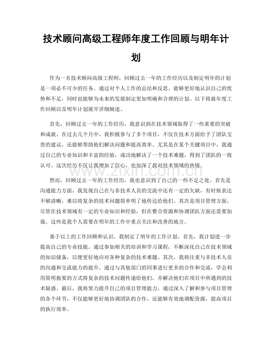 技术顾问高级工程师年度工作回顾与明年计划.docx_第1页