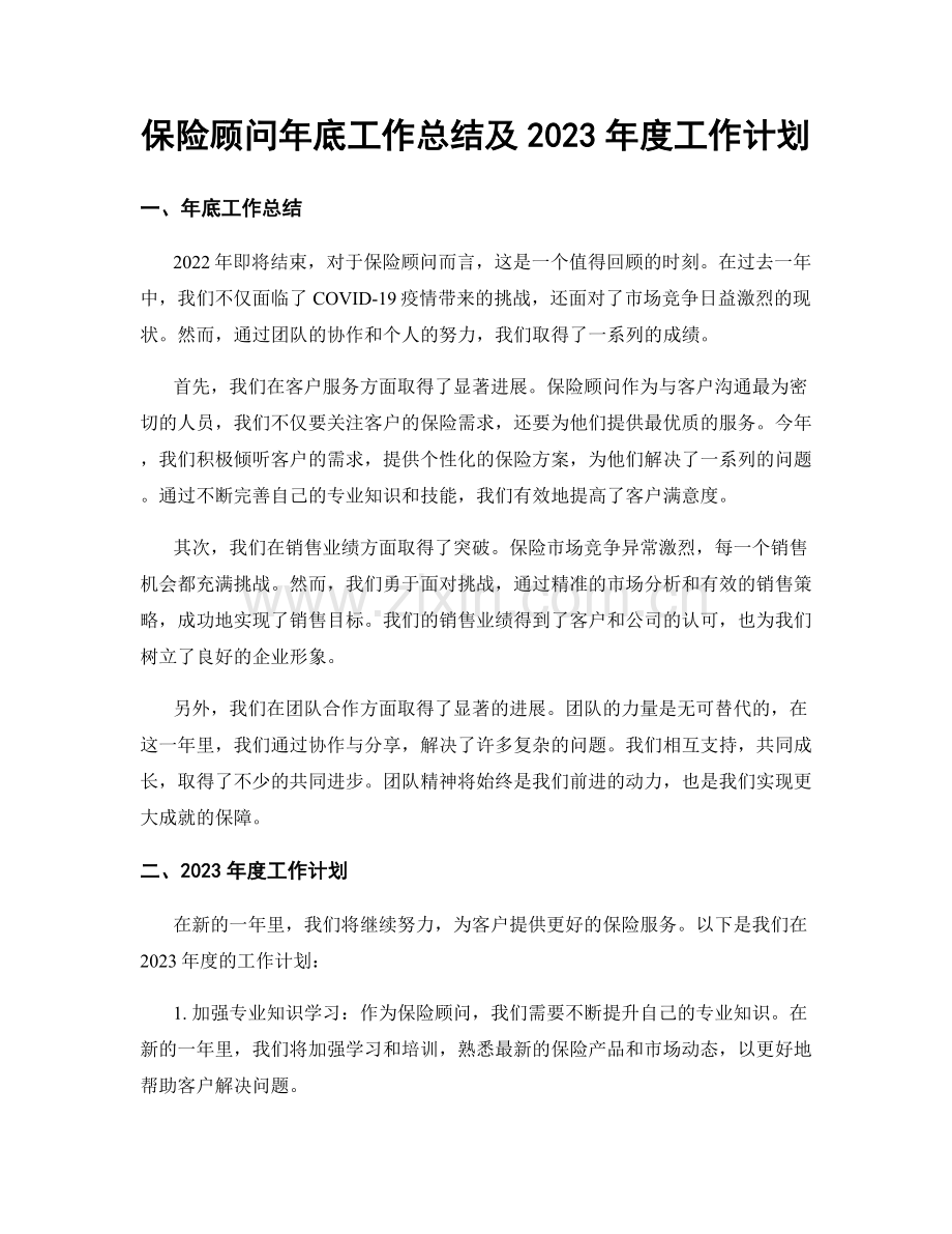 保险顾问年底工作总结及2023年度工作计划.docx_第1页