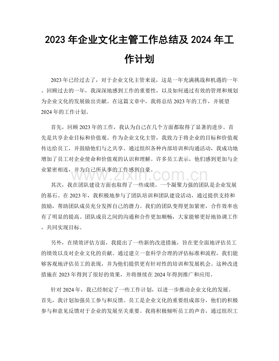 2023年企业文化主管工作总结及2024年工作计划.docx_第1页