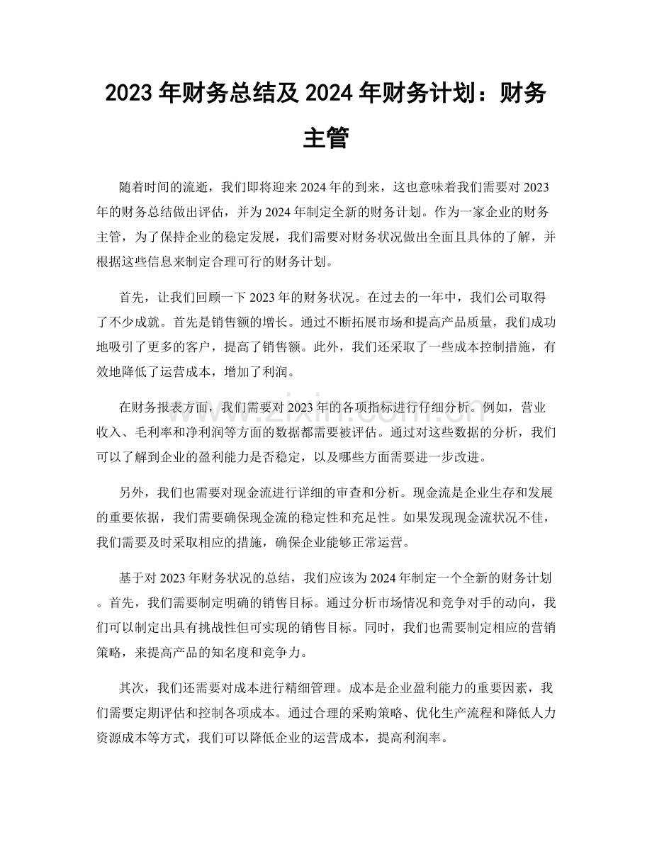 2023年财务总结及2024年财务计划：财务主管.docx_第1页