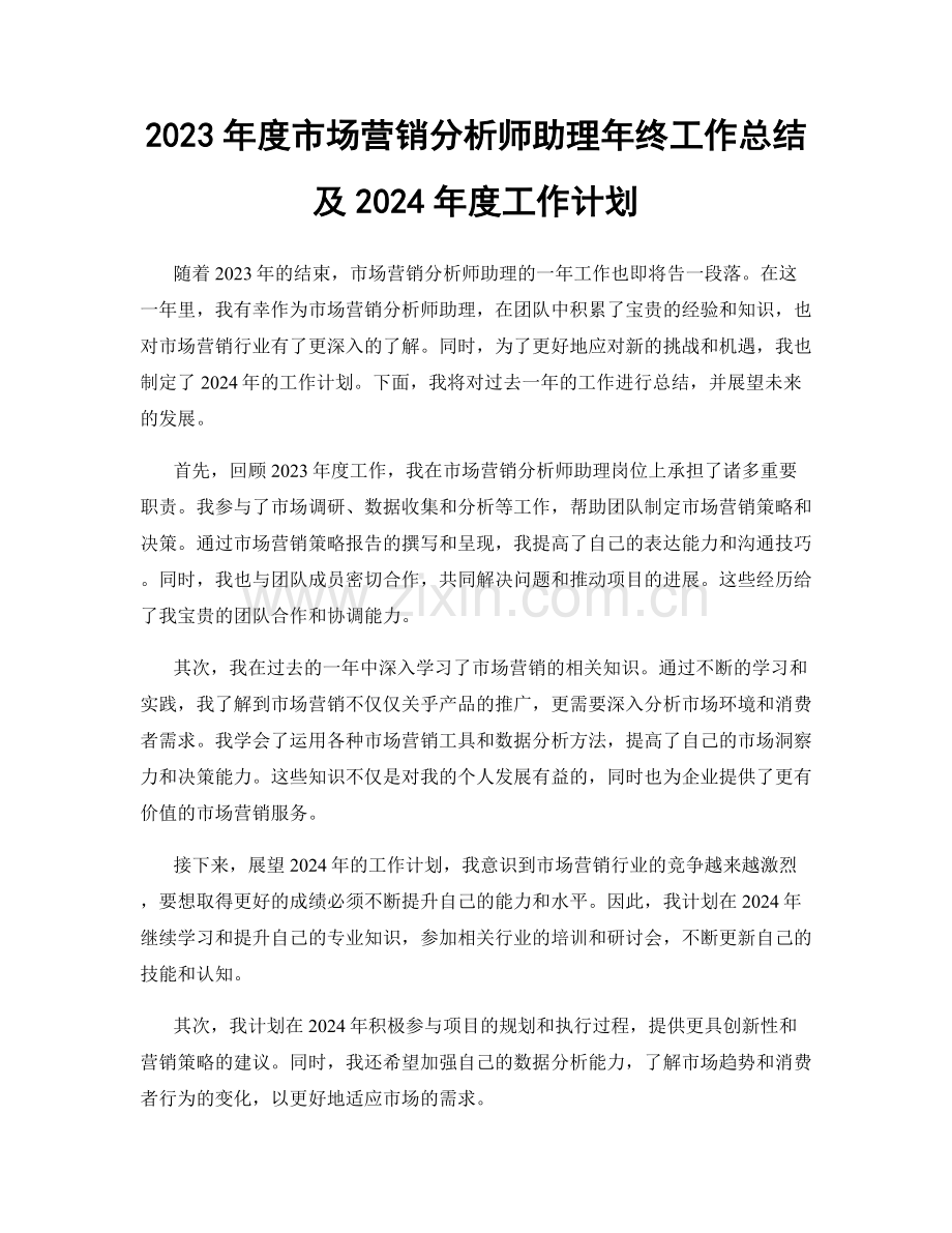 2023年度市场营销分析师助理年终工作总结及2024年度工作计划.docx_第1页