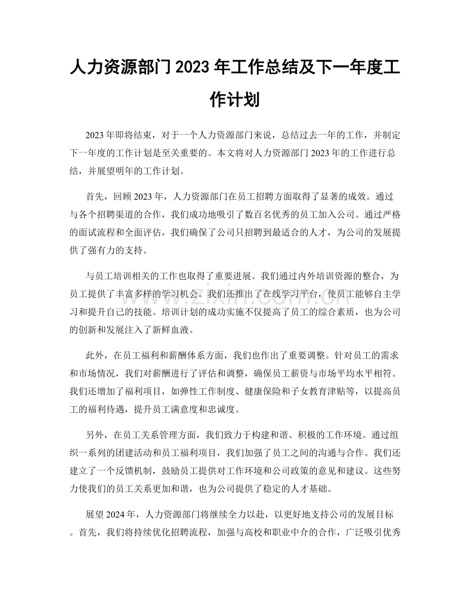 人力资源部门2023年工作总结及下一年度工作计划.docx_第1页