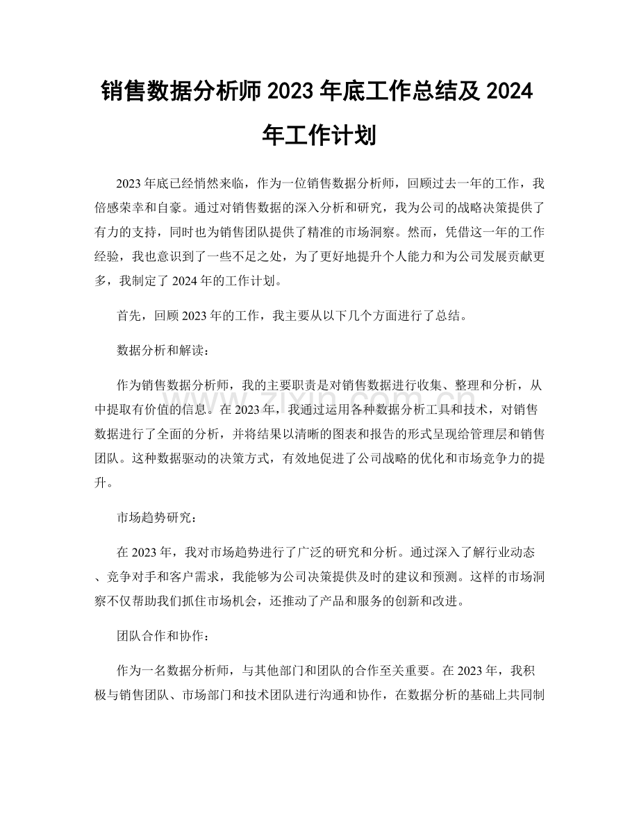 销售数据分析师2023年底工作总结及2024年工作计划.docx_第1页