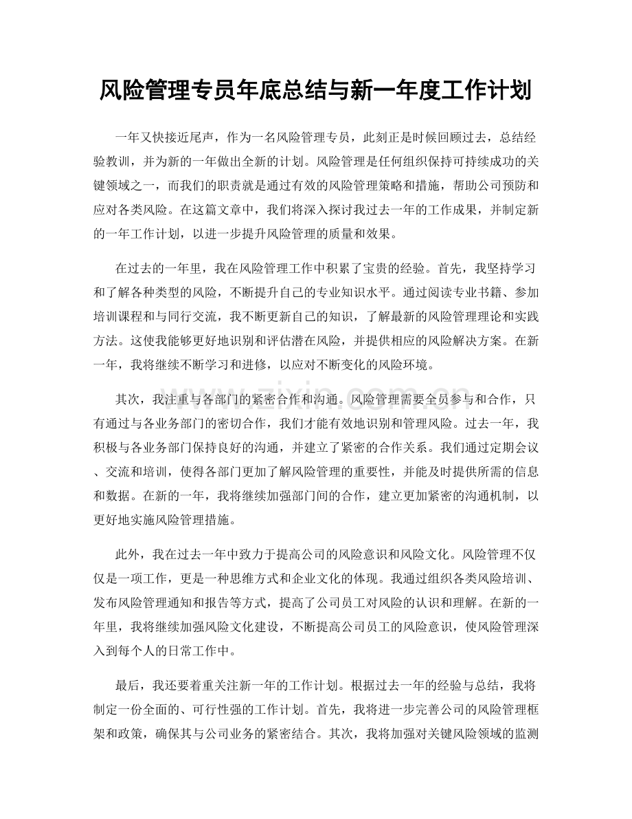 风险管理专员年底总结与新一年度工作计划.docx_第1页