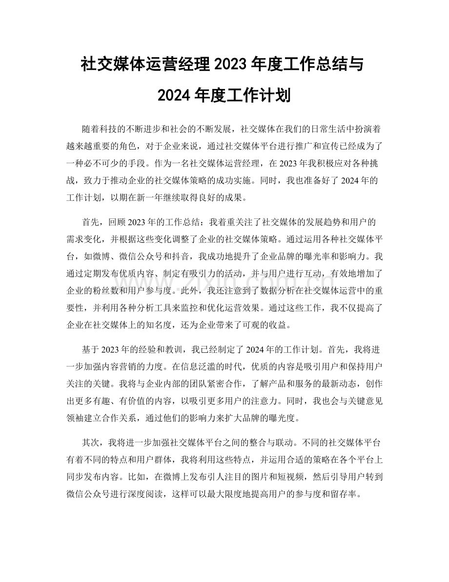 社交媒体运营经理2023年度工作总结与2024年度工作计划.docx_第1页