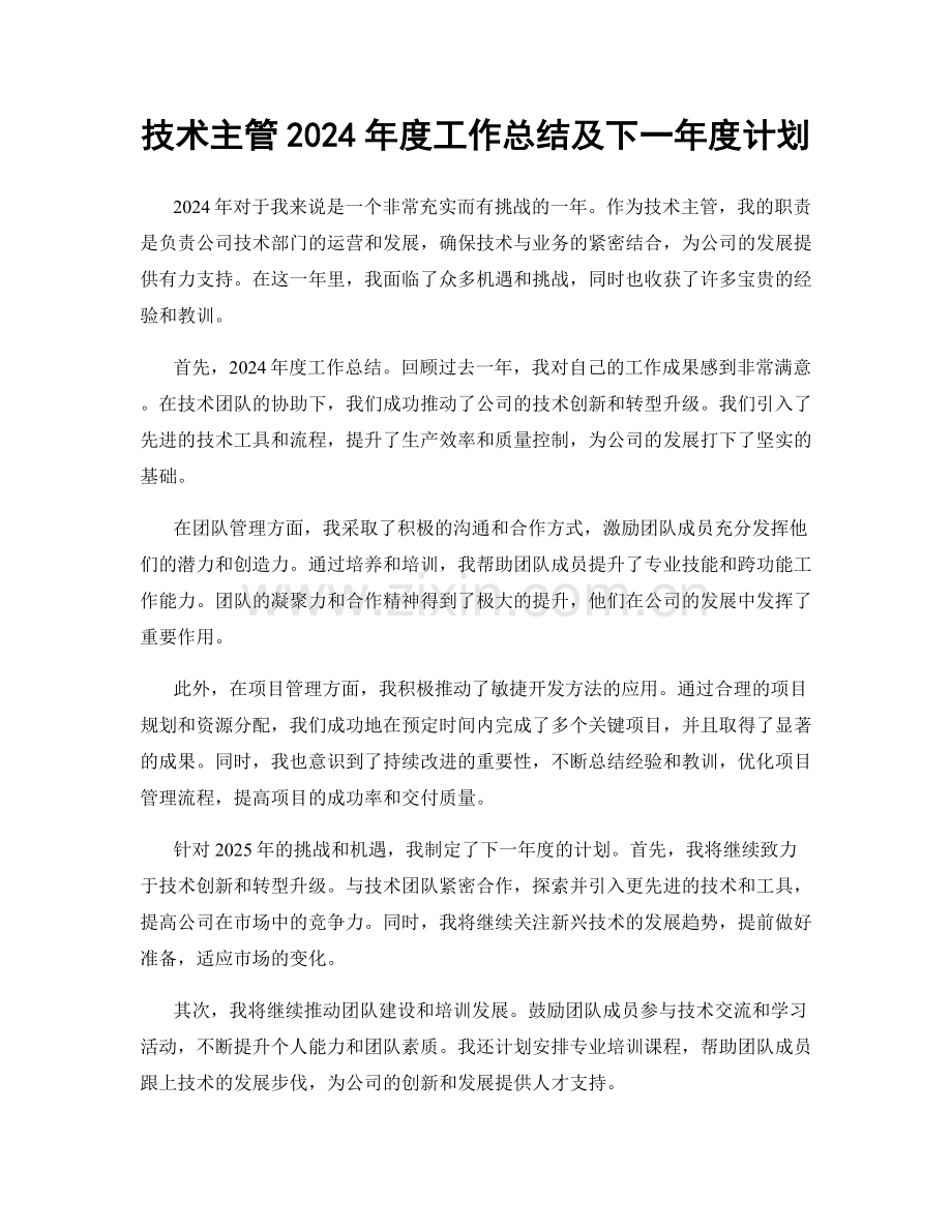 技术主管2024年度工作总结及下一年度计划.docx_第1页