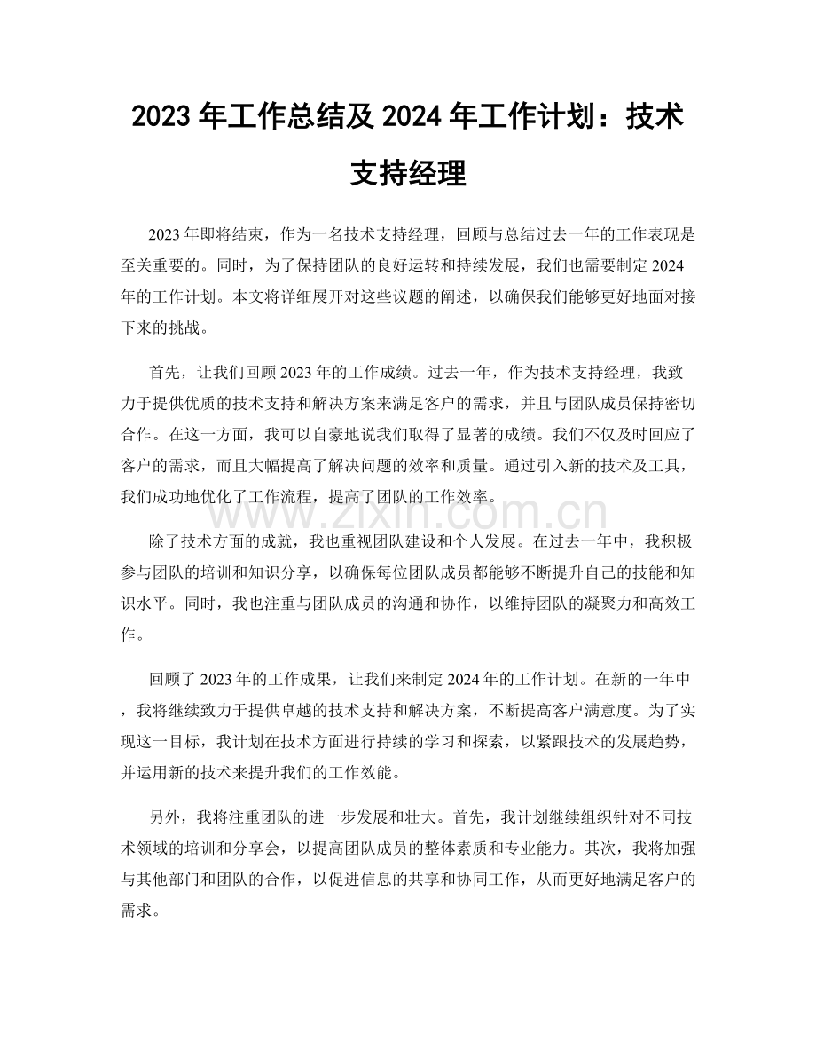 2023年工作总结及2024年工作计划：技术支持经理.docx_第1页