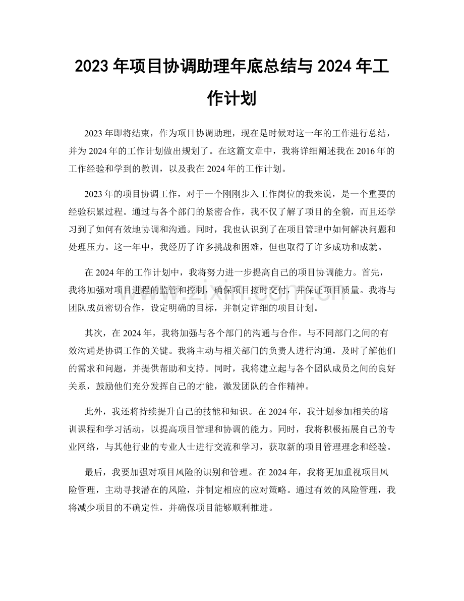 2023年项目协调助理年底总结与2024年工作计划.docx_第1页