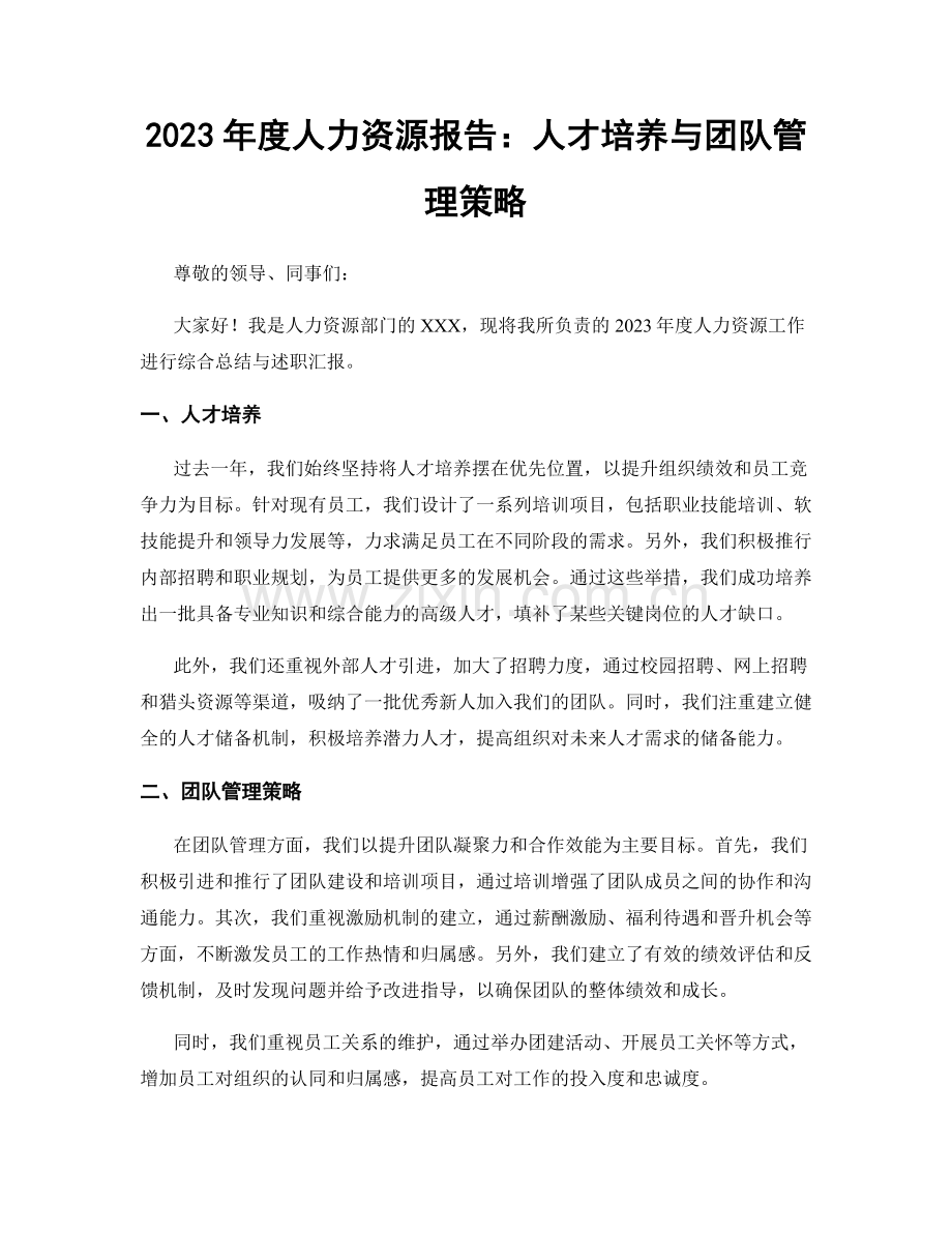 2023年度人力资源报告：人才培养与团队管理策略.docx_第1页