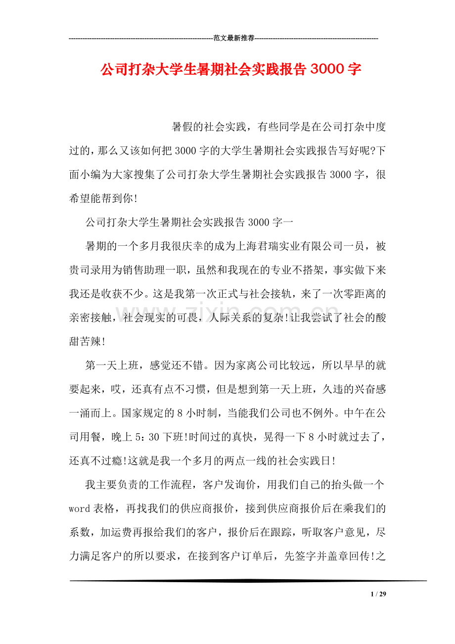 公司打杂大学生暑期社会实践报告3000字.doc_第1页