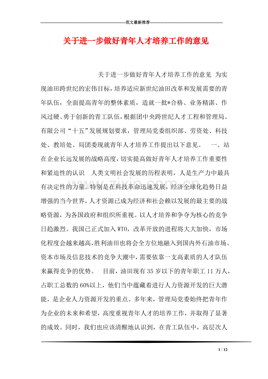 关于进一步做好青年人才培养工作的意见.doc_第1页