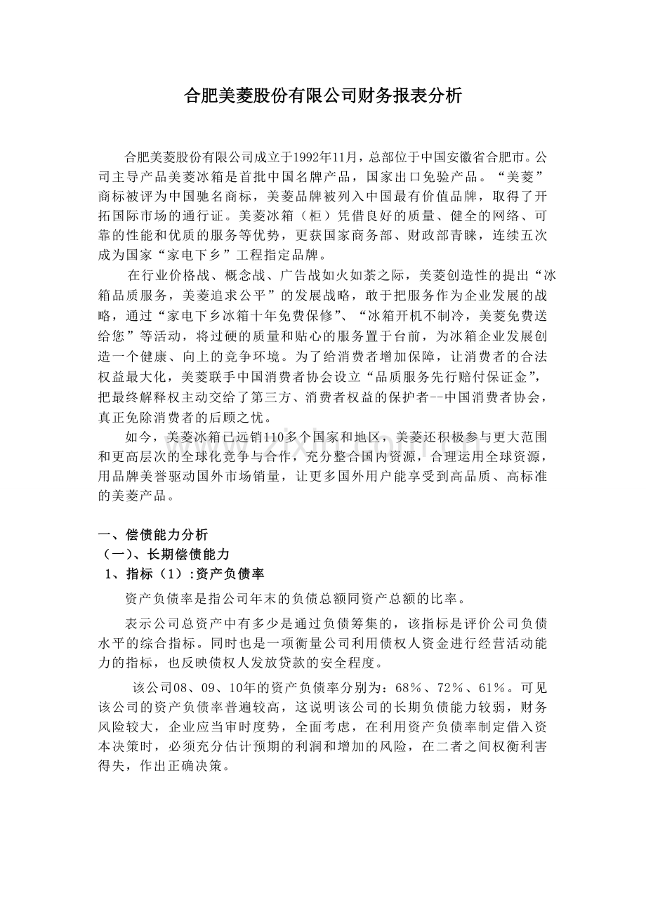 合肥美菱股份有限公司财务报表分析.doc_第1页