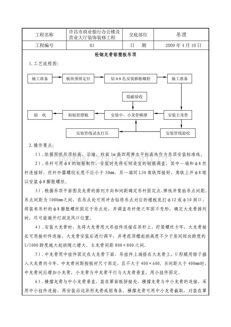 轻钢龙骨铝塑板吊顶施工工艺.docx_第1页