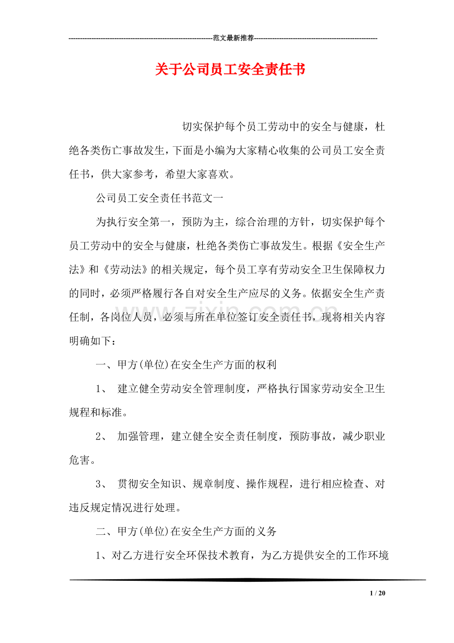 关于公司员工安全责任书.doc_第1页