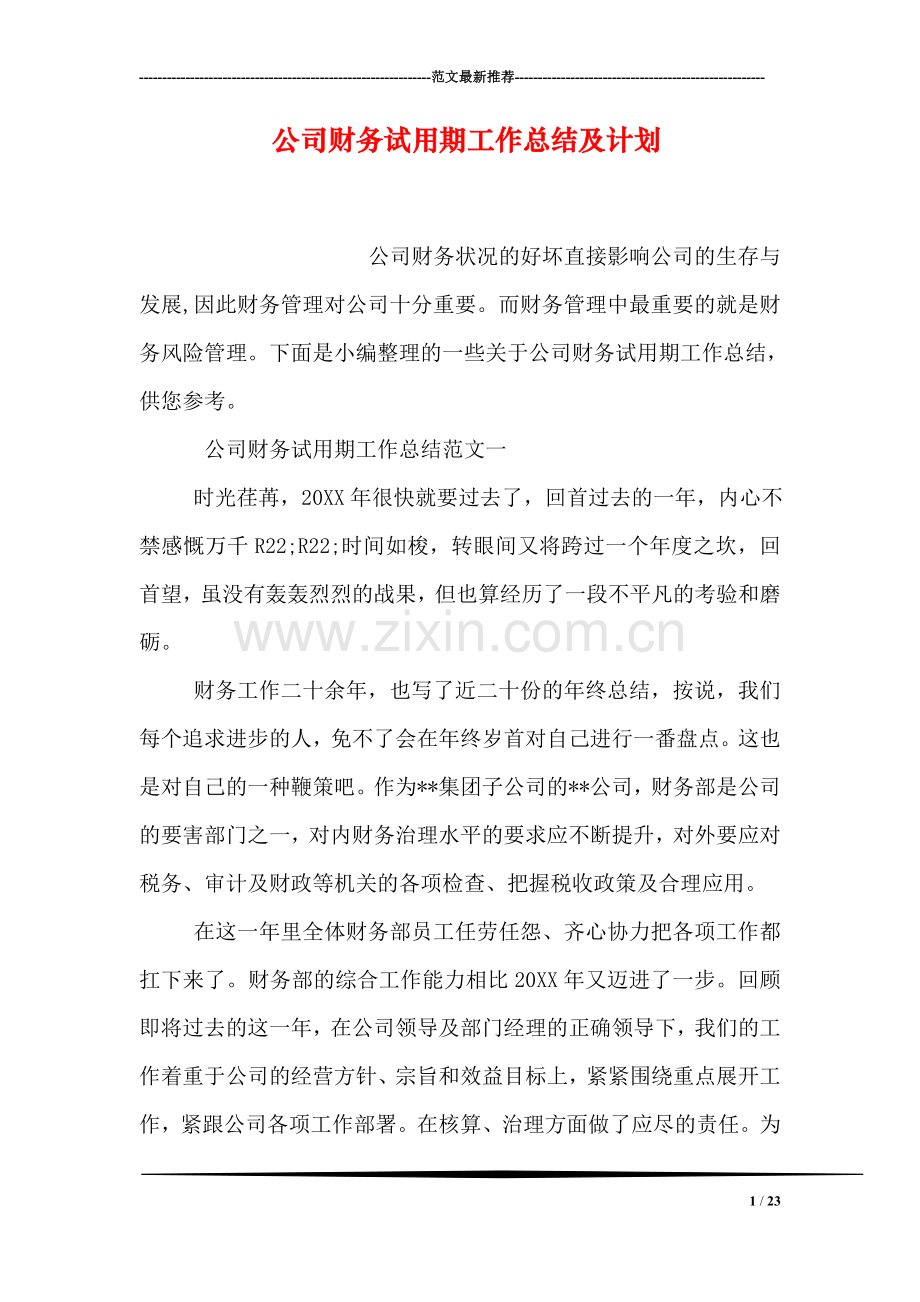 公司财务试用期工作总结及计划.doc_第1页