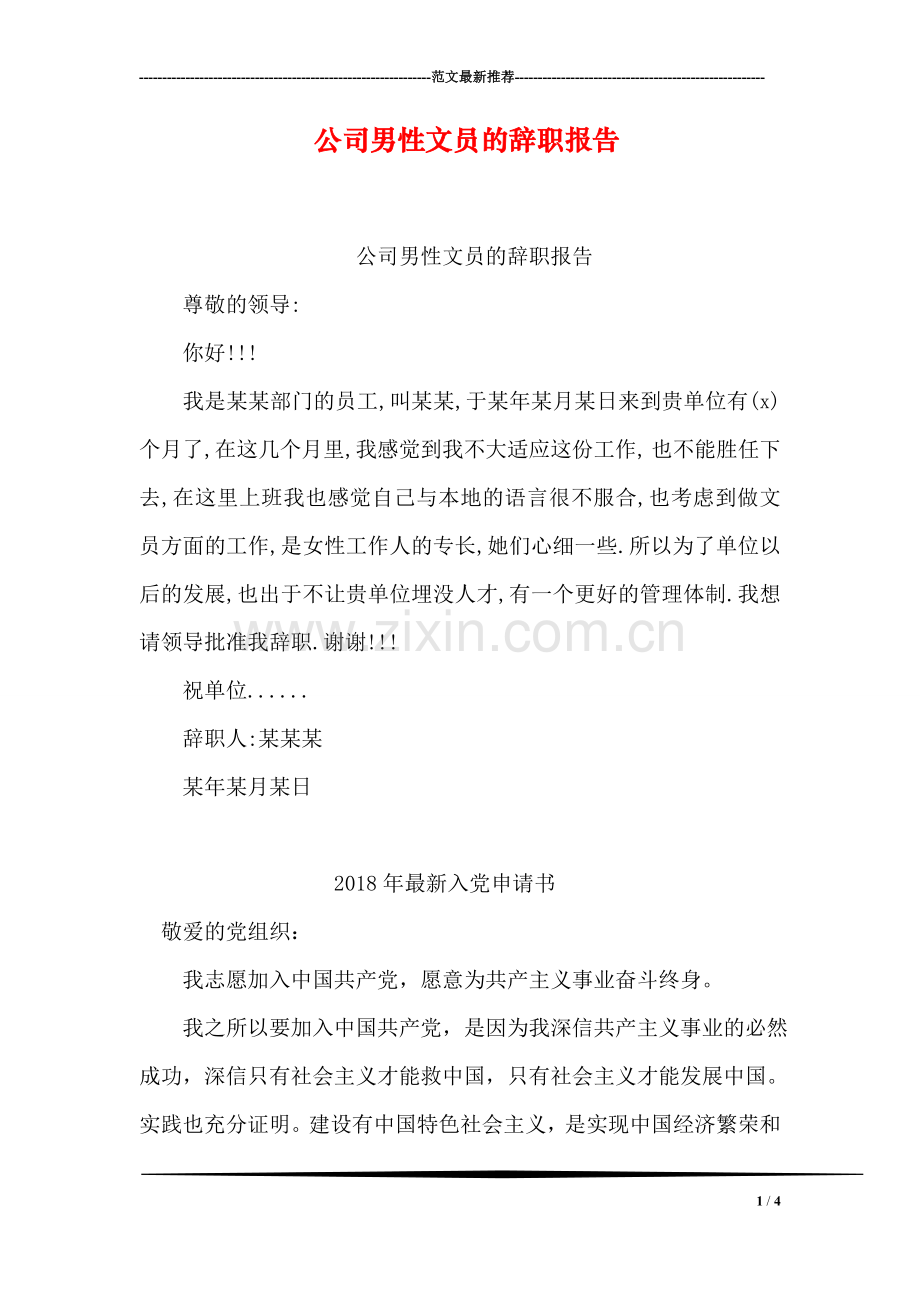 公司男性文员的辞职报告.doc_第1页