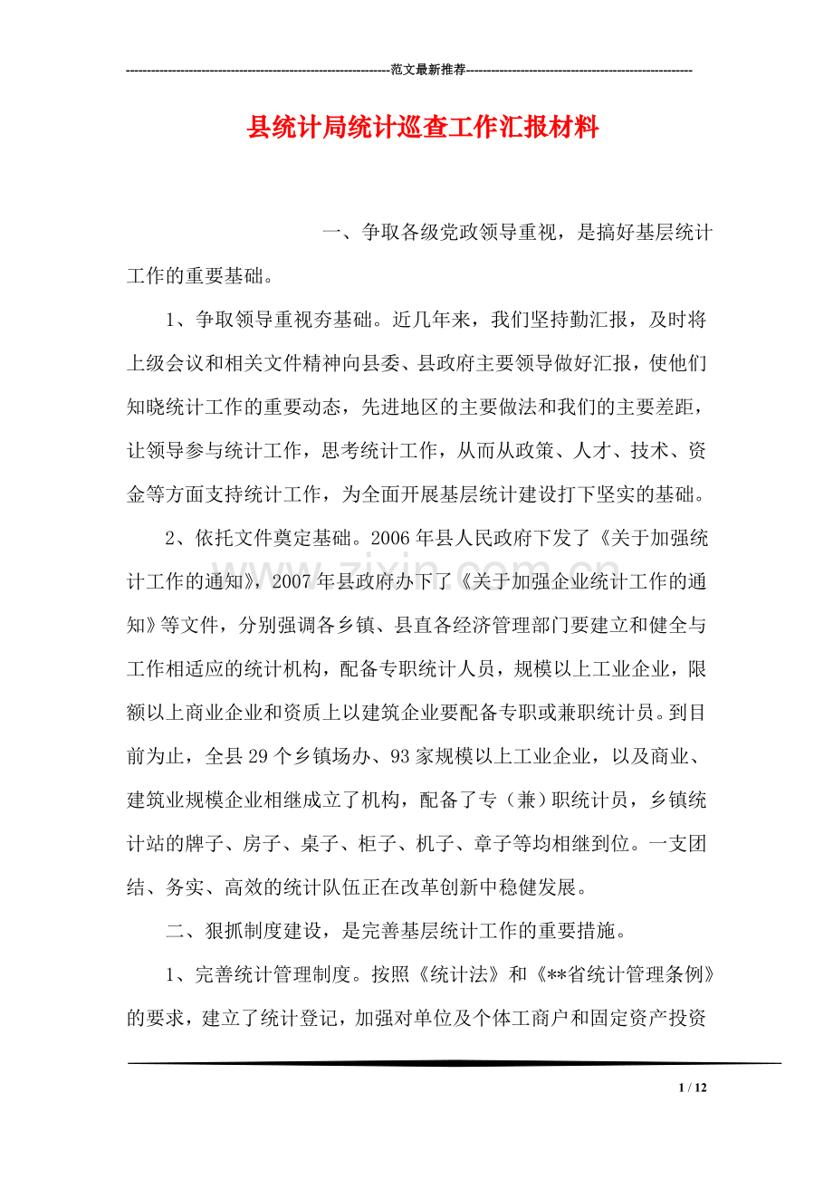 县统计局统计巡查工作汇报材料.doc_第1页