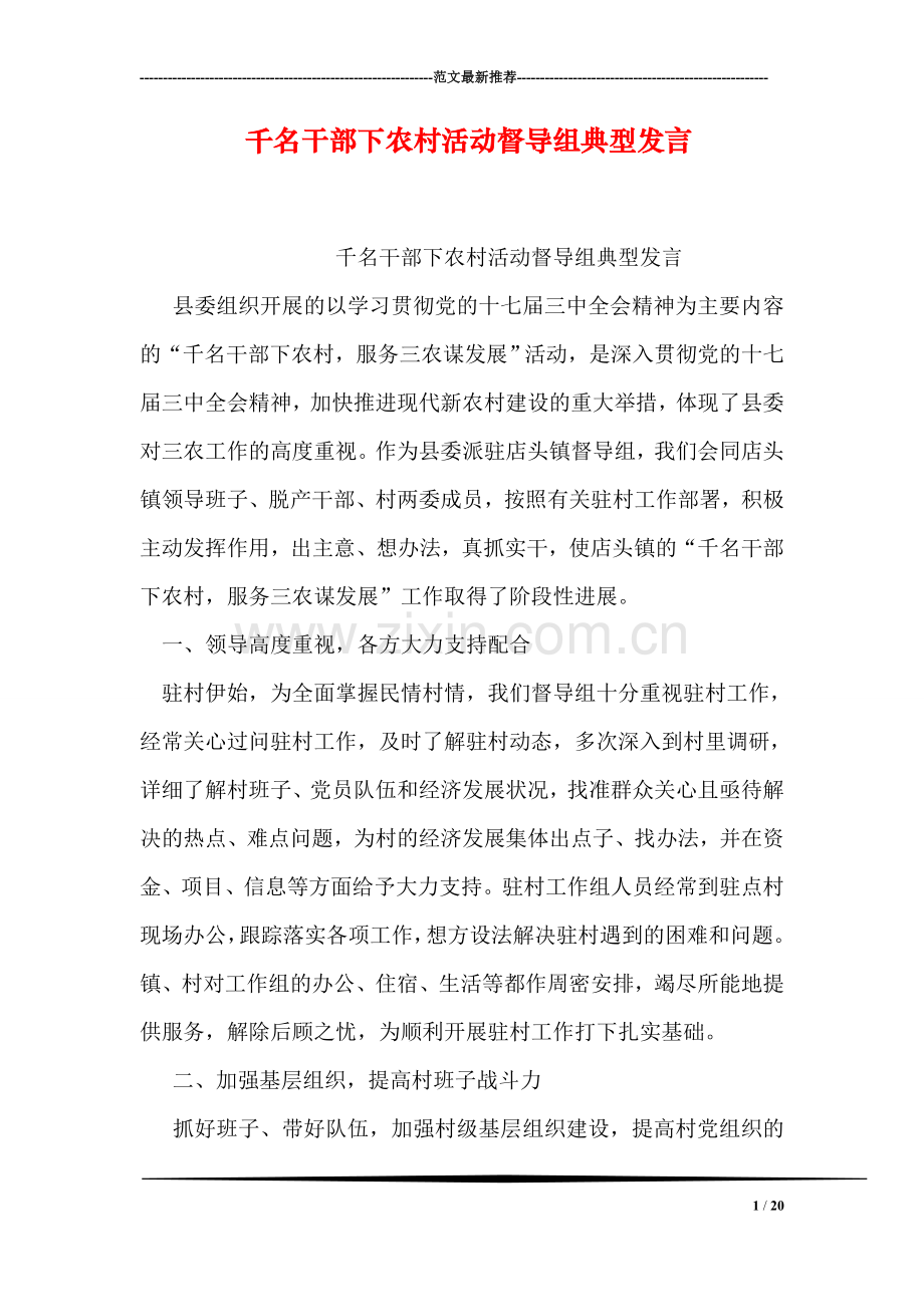 千名干部下农村活动督导组典型发言.doc_第1页