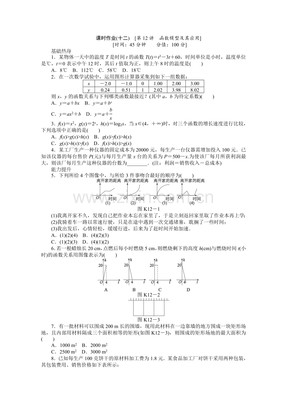 高三北师大版文科数学一轮复习课时作业(12)函数模型及其应用.doc_第1页