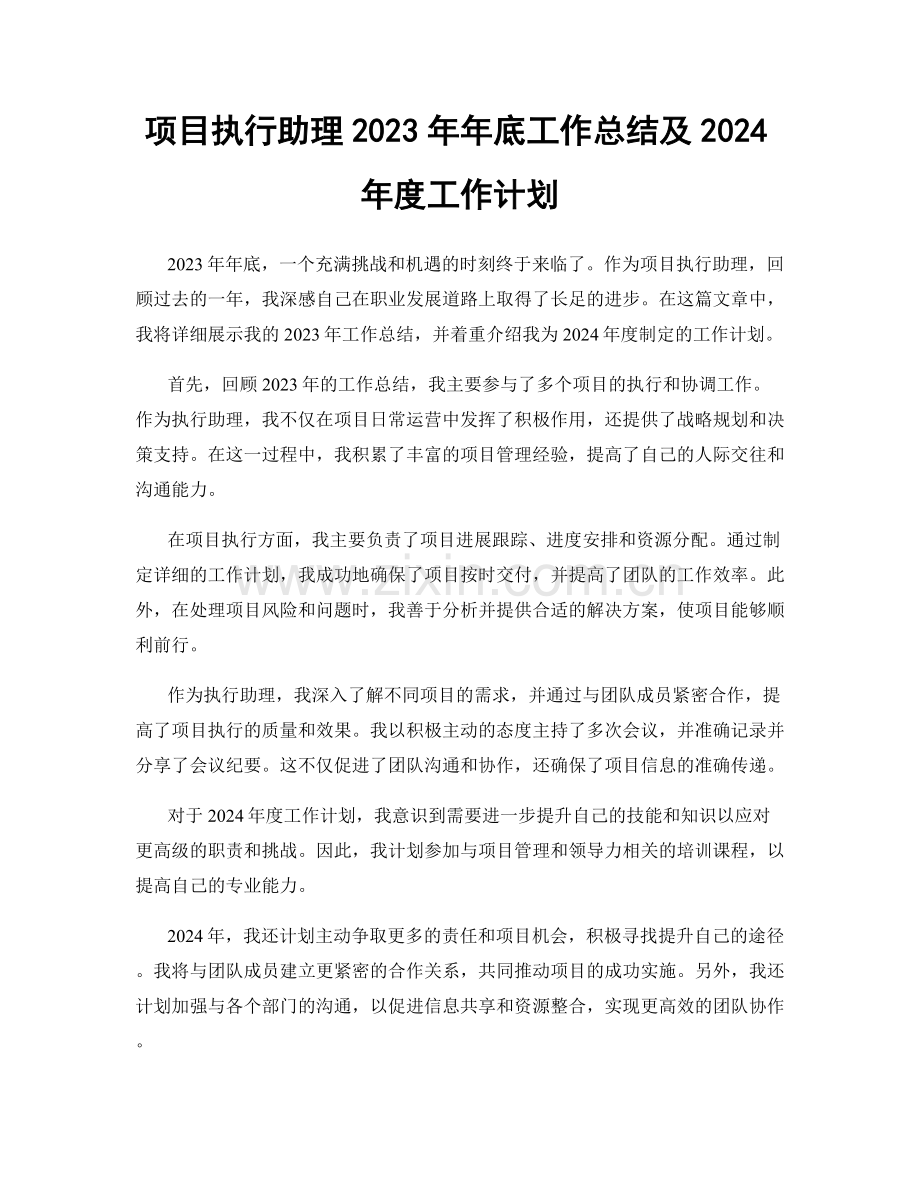 项目执行助理2023年年底工作总结及2024年度工作计划.docx_第1页