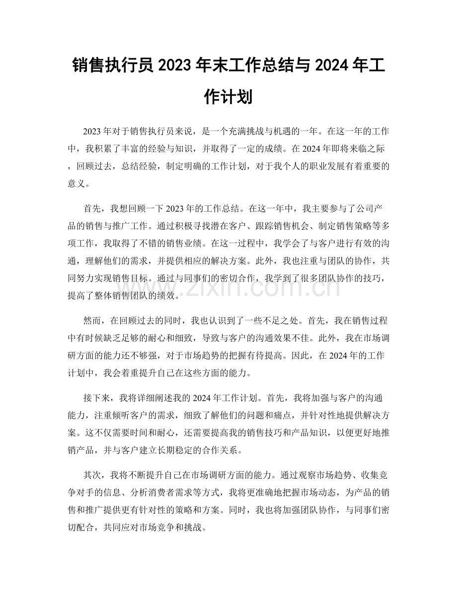 销售执行员2023年末工作总结与2024年工作计划.docx_第1页