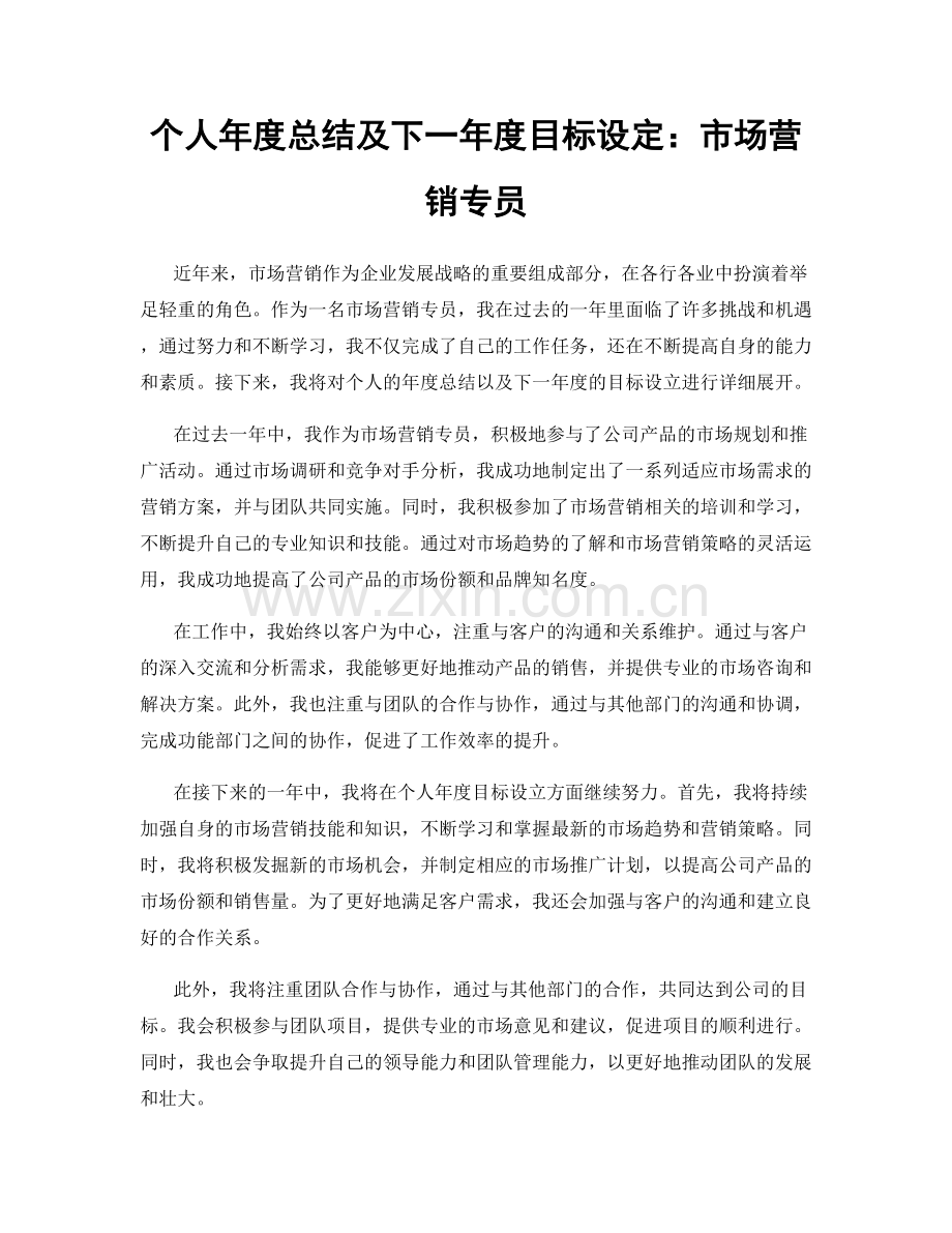 个人年度总结及下一年度目标设定：市场营销专员.docx_第1页