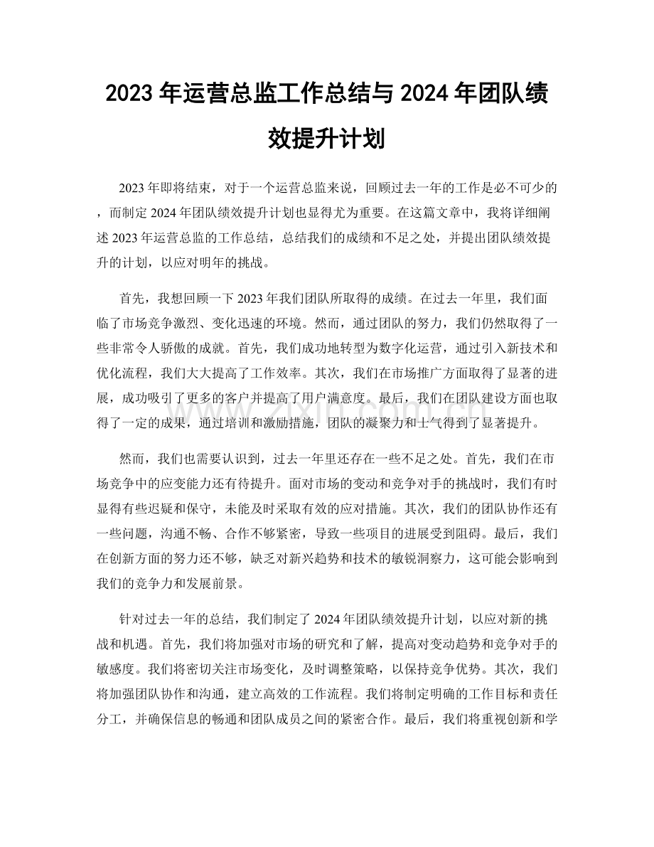 2023年运营总监工作总结与2024年团队绩效提升计划.docx_第1页