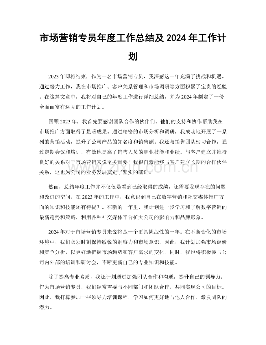 市场营销专员年度工作总结及2024年工作计划.docx_第1页